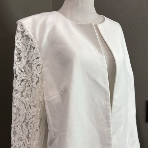 black Label by Evan Picone White Open Front Blazer Jacket Lace Sleeveless - Picture 2 of 9